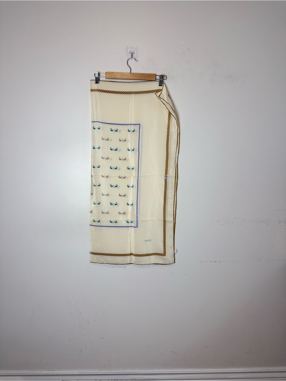 Vintage Gucci Cream Scarf with Blue Whale Print Accent and Brown Trim